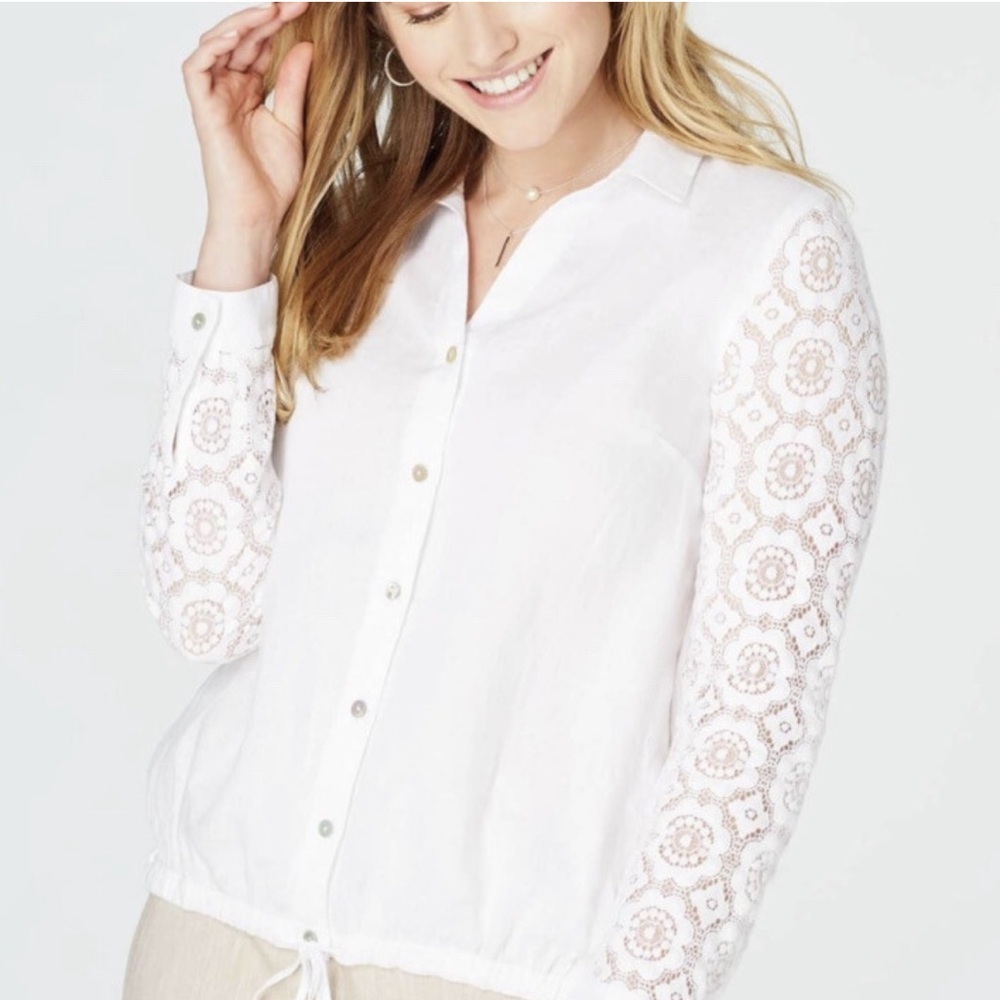 NWT J. Jill Love Linen White Linen Lace Sleeve Blouse Top Size M